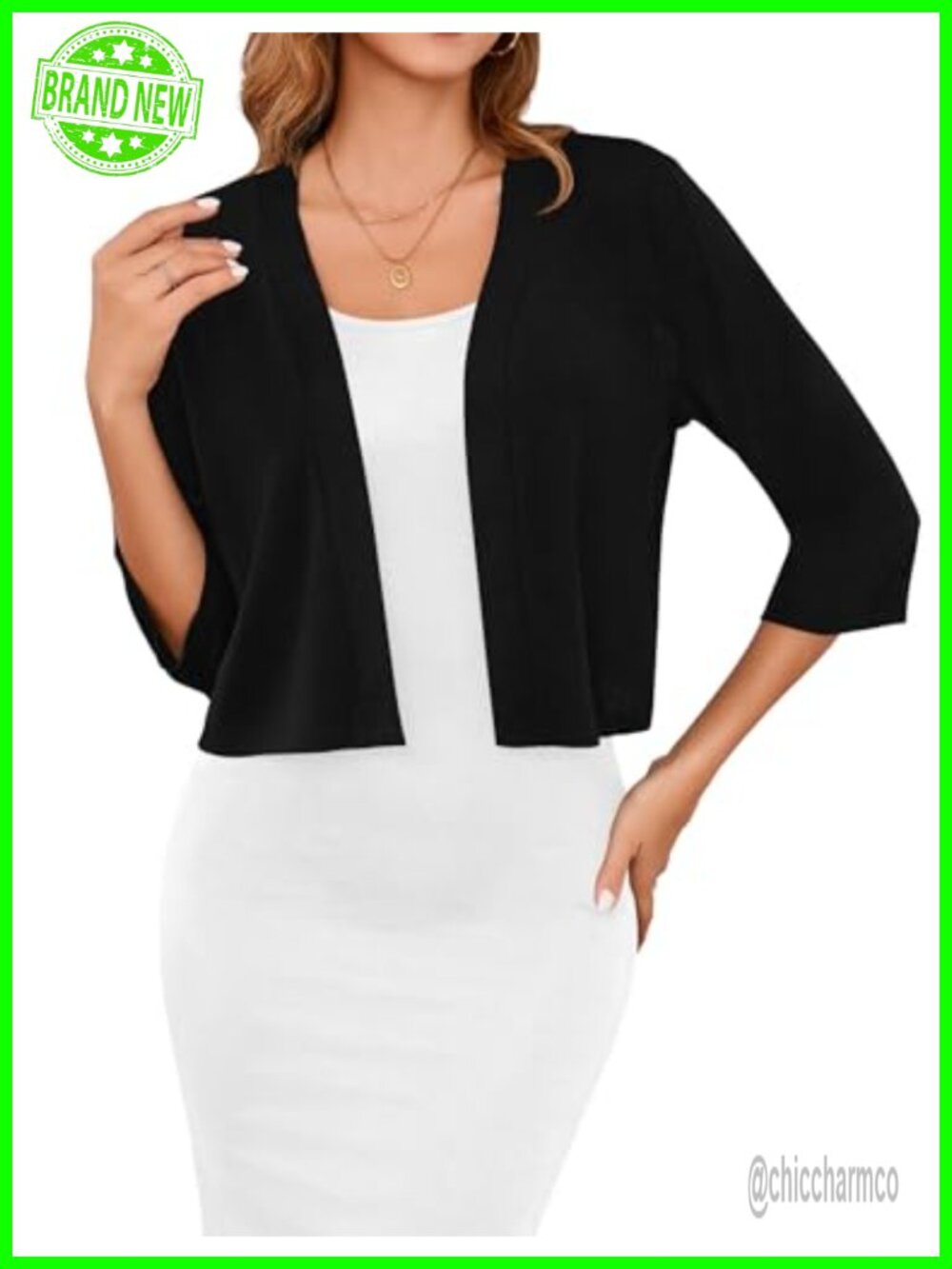 Lightweight Open Front Cropped Cardigan 3/4 Sleeve Shrug for Women